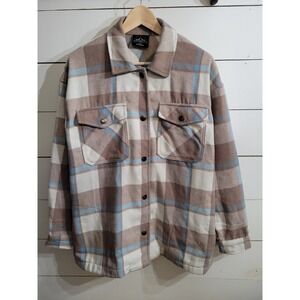 HFX Plaid Flannel Shirt Jacket Womens Size Small Beige Blue Snap Close Pocket EC
